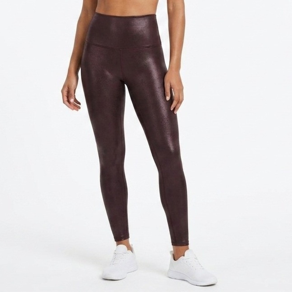 Spanx Faux Leather Leggings Dark Cherry Burgundy Mid rise Waist 2437 Women Large